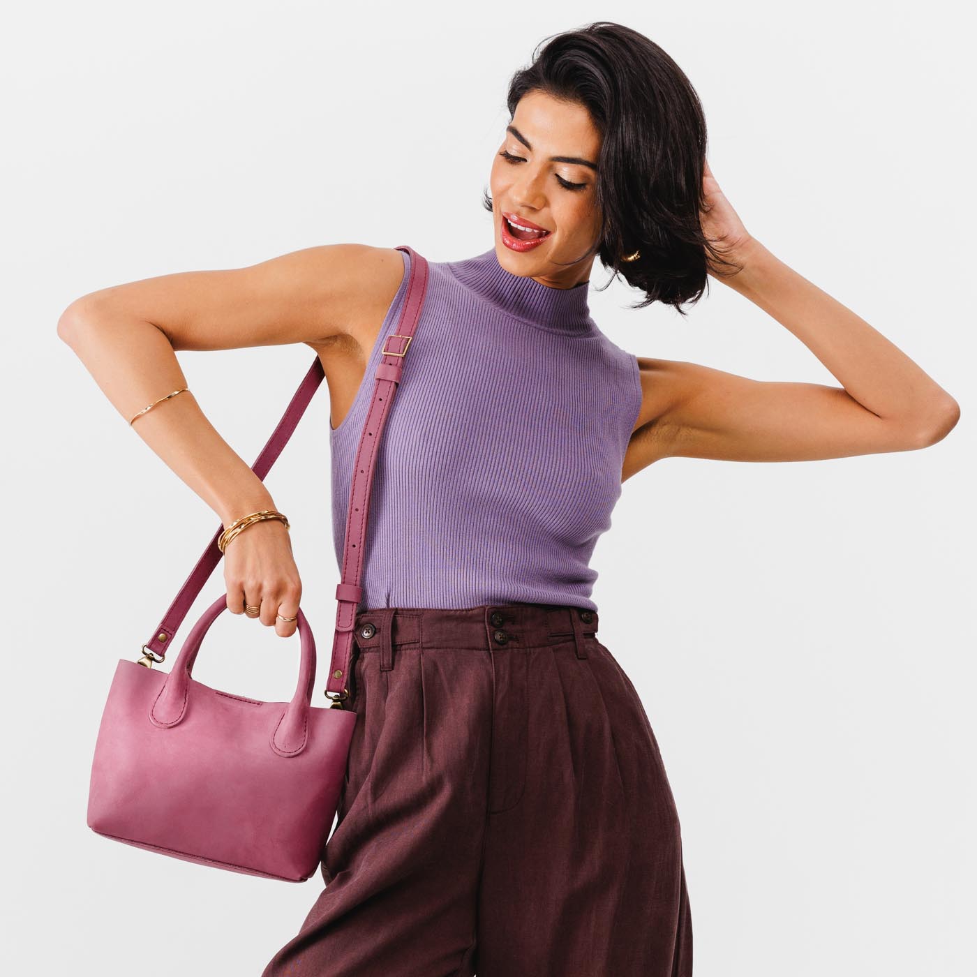 Foxglove Small | Petite tote purse with structured leather handles and crossbody strap