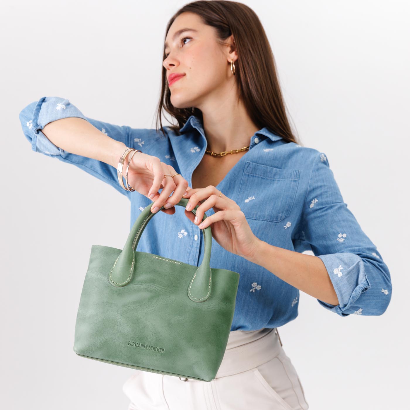 Cucumber*Small | Petite tote purse with structured leather handles and crossbody strap