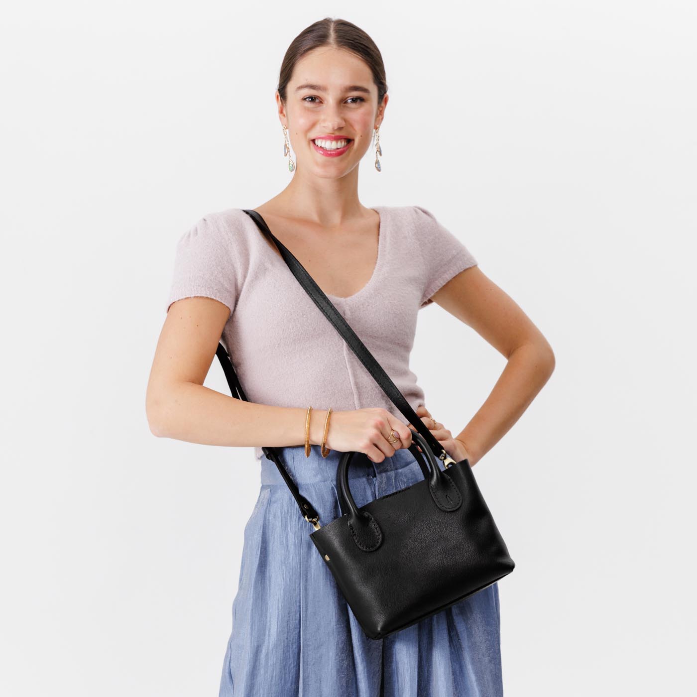 Pebbled--black*Small | Petite tote purse with structured leather handles and crossbody strap