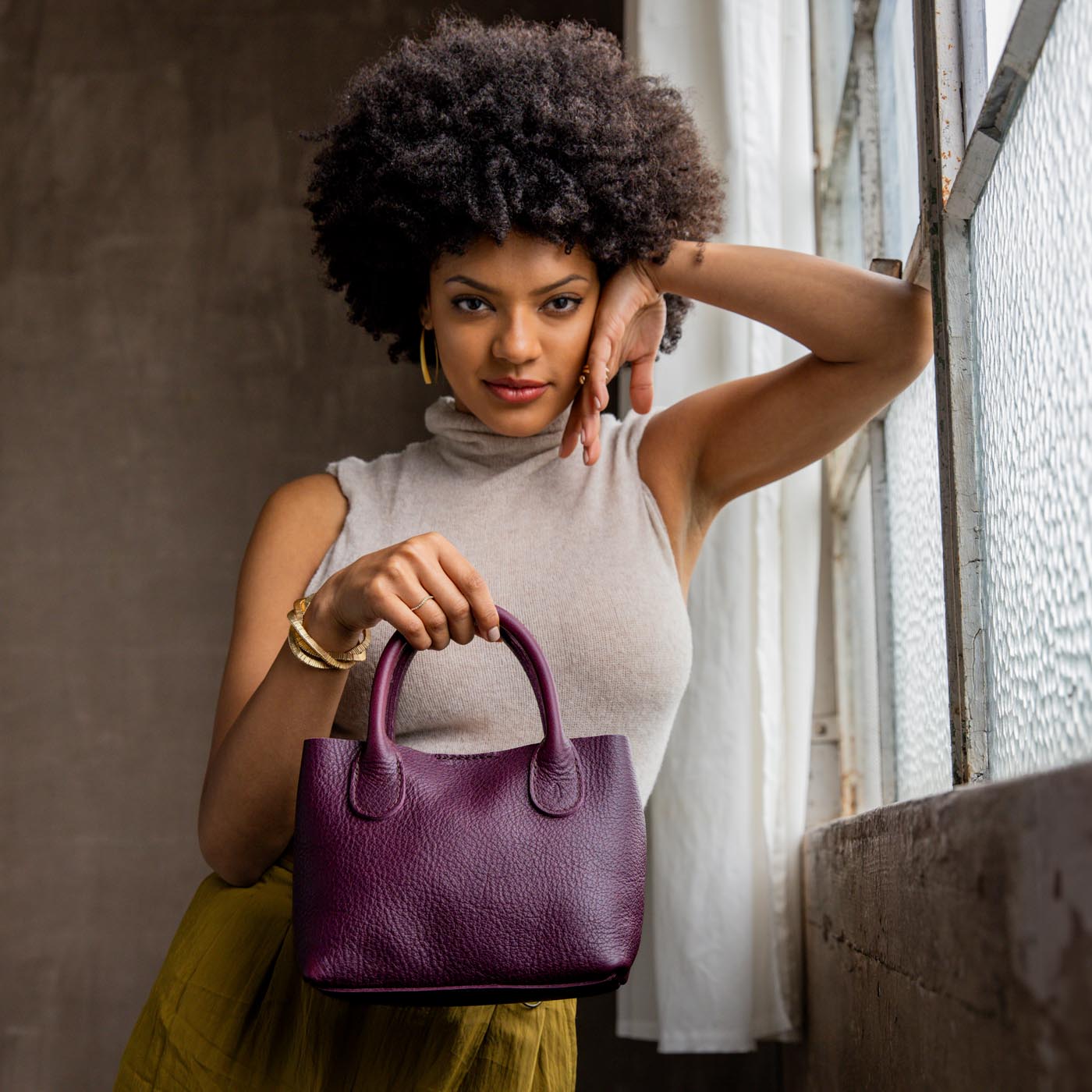 Plum*Small | Petite tote purse with structured leather handles and crossbody strap