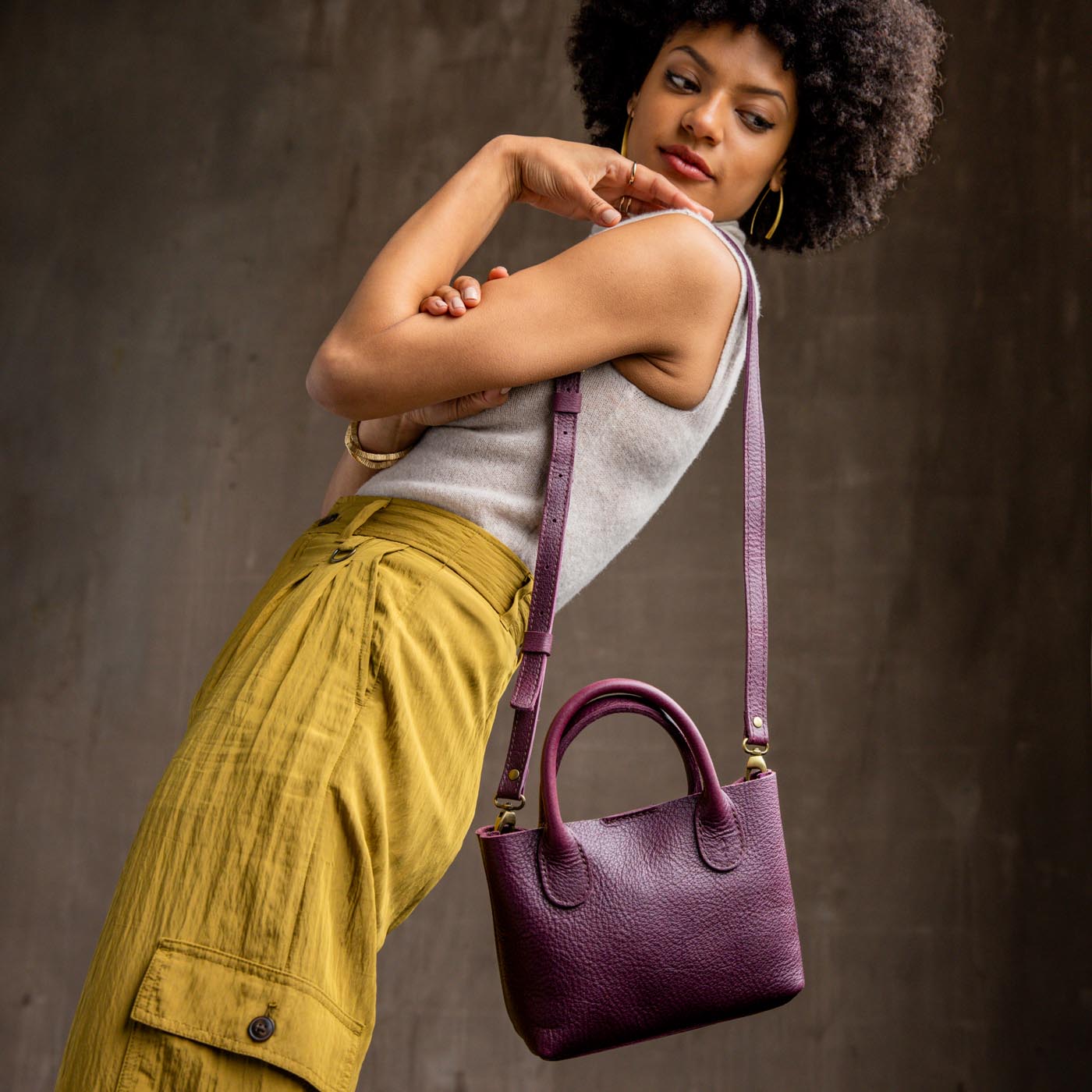 Plum*Small | Petite tote purse with structured leather handles and crossbody strap