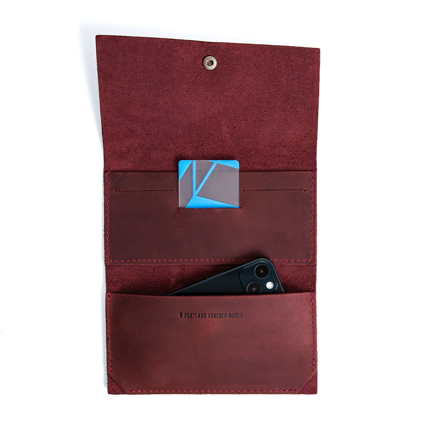 Merlot | Leather wallet with snap closure open