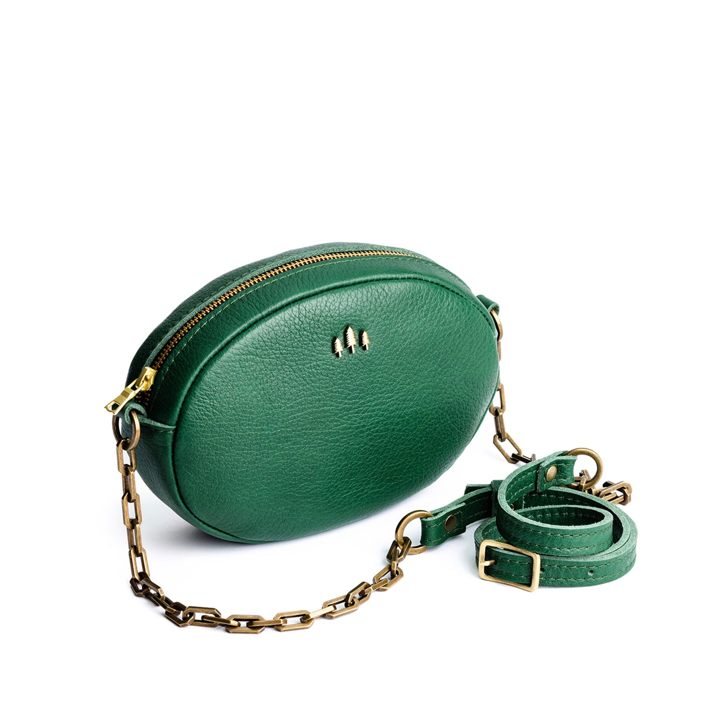 Bacalar | Oval leather purse with metal crossbody chain strap and adjustable leather shoulder guard