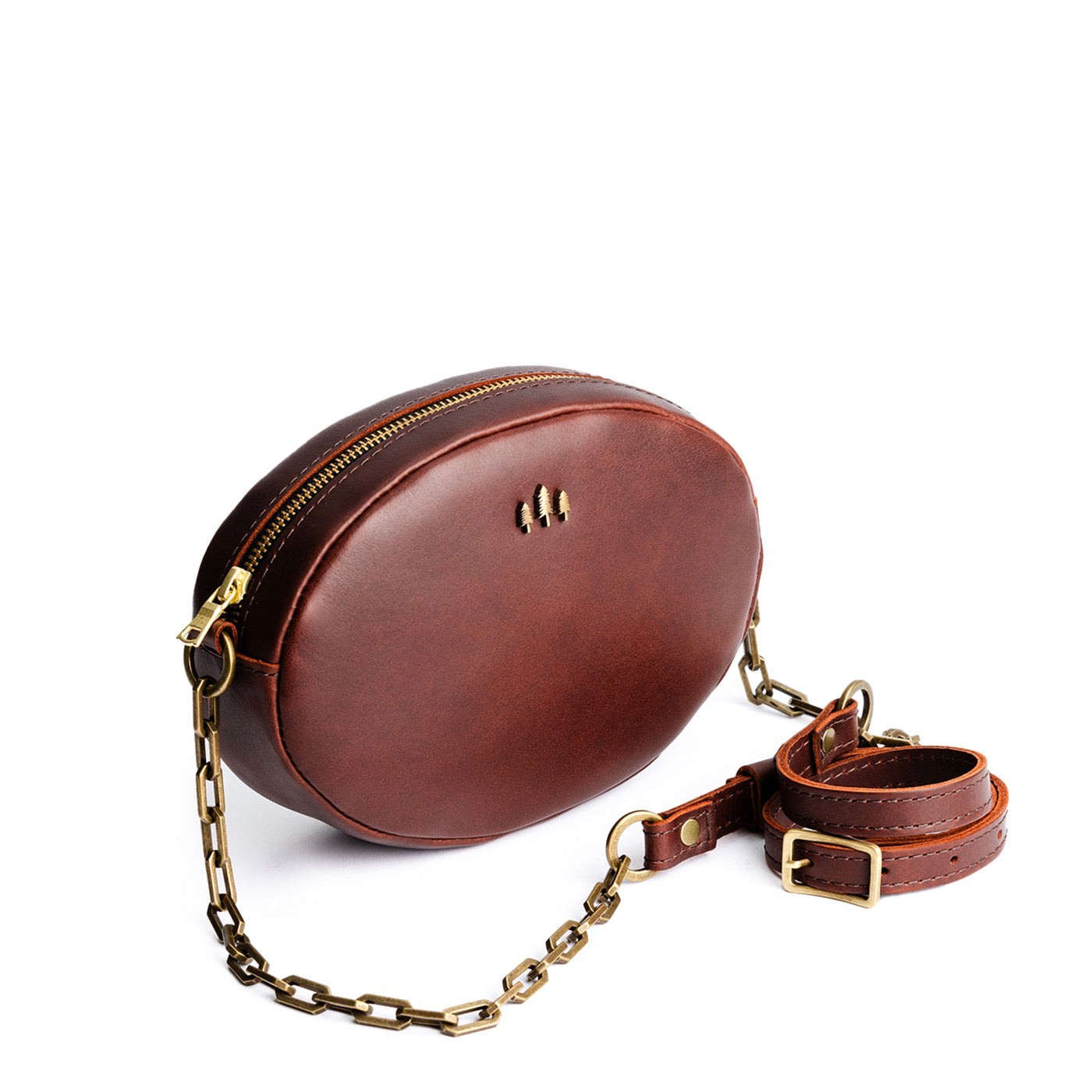 Cognac | Oval leather purse with metal crossbody chain strap and adjustable leather shoulder guard