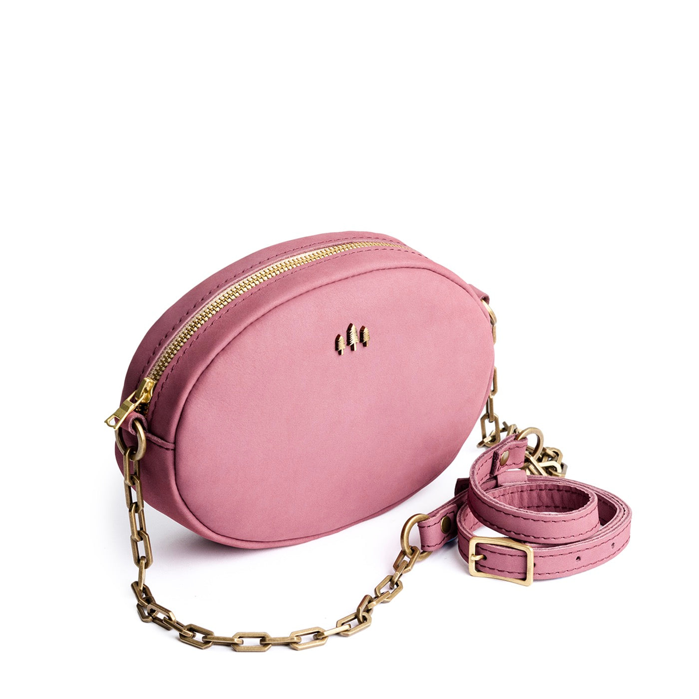 Foxglove | Oval leather purse with metal crossbody chain strap and adjustable leather shoulder guard