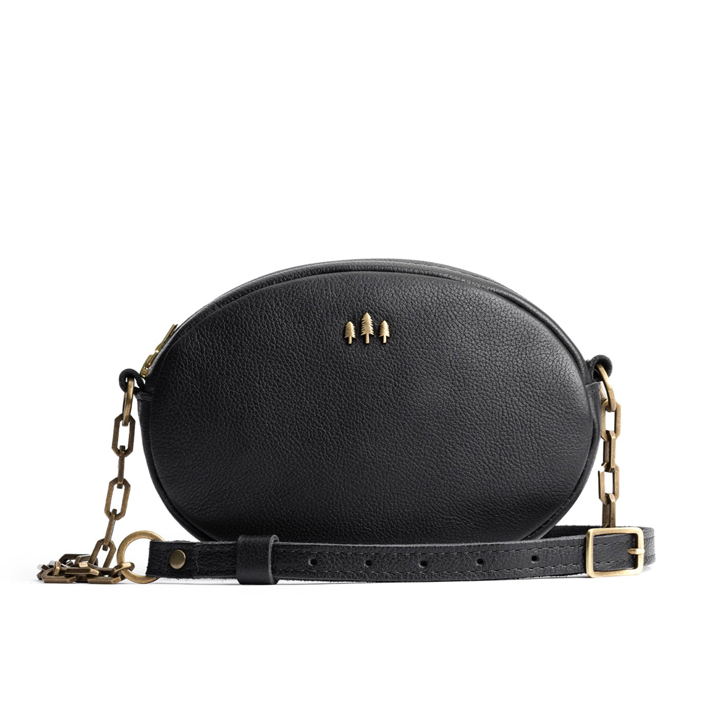 Pebbled--black | Oval leather purse with metal crossbody chain strap and adjustable leather shoulder guard