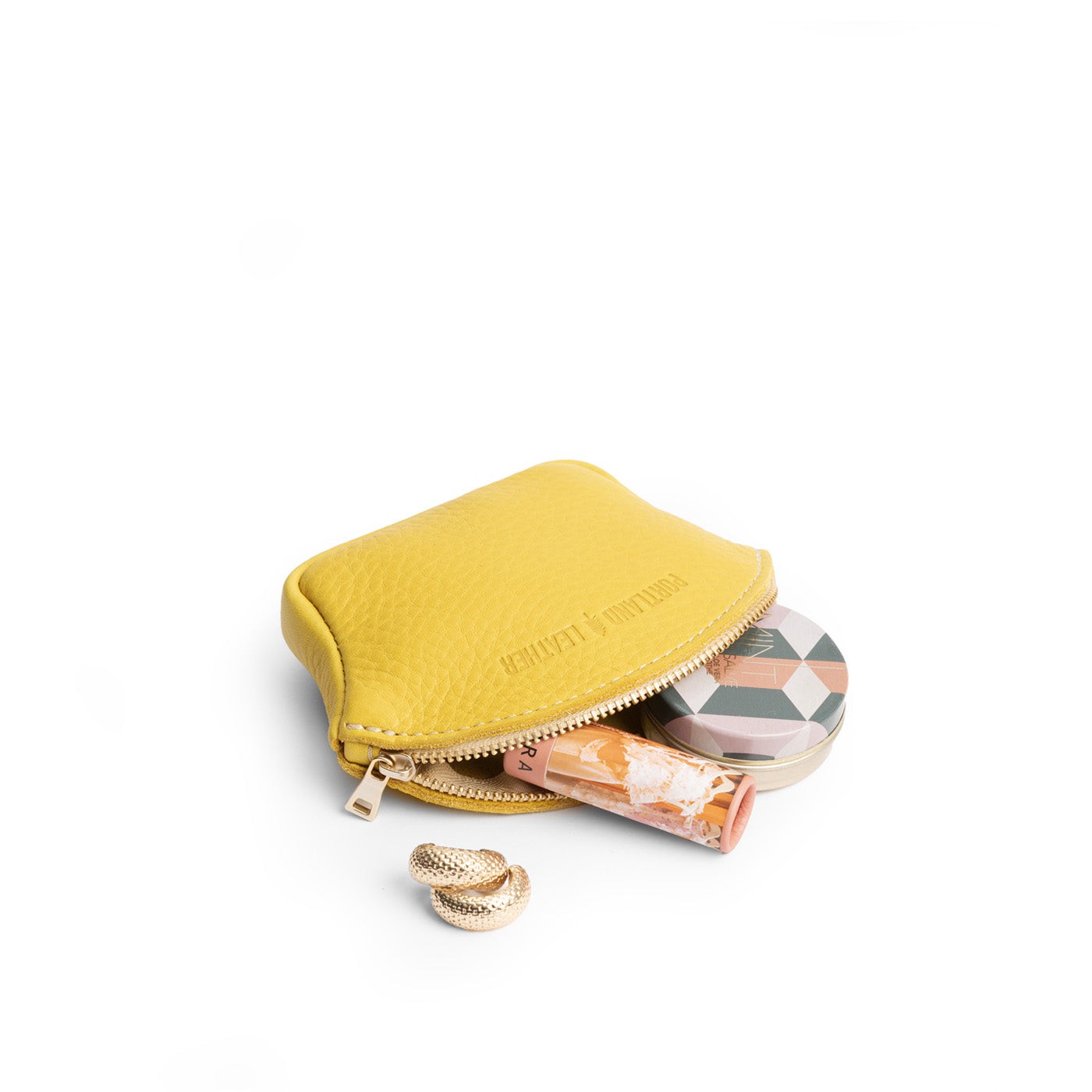 Naples*Small | Seashell shaped leather makeup bag with curved top zipper open and flat bottom