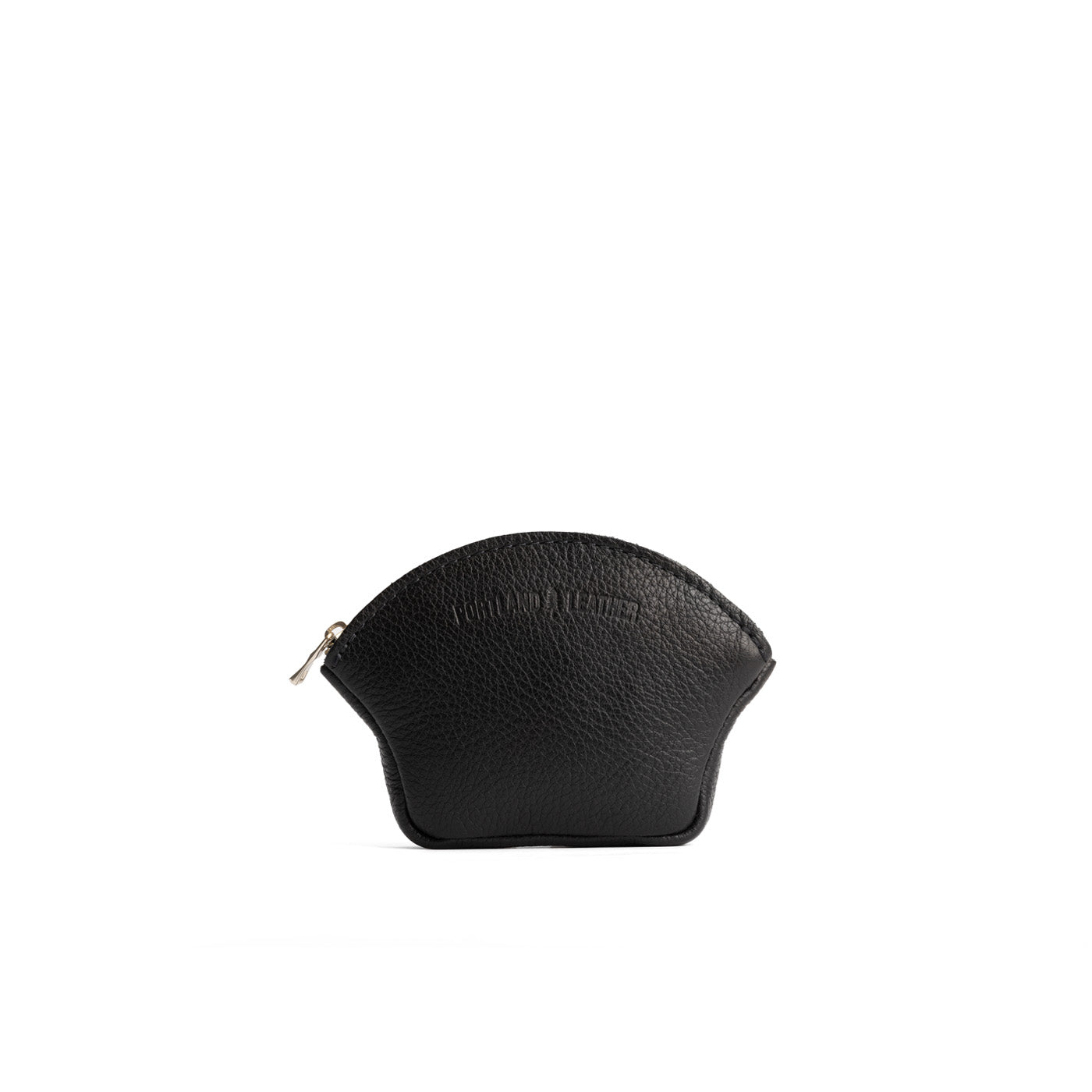 Pebbled--black*Small | Seashell shaped leather makeup bag with curved top zipper and flat bottom