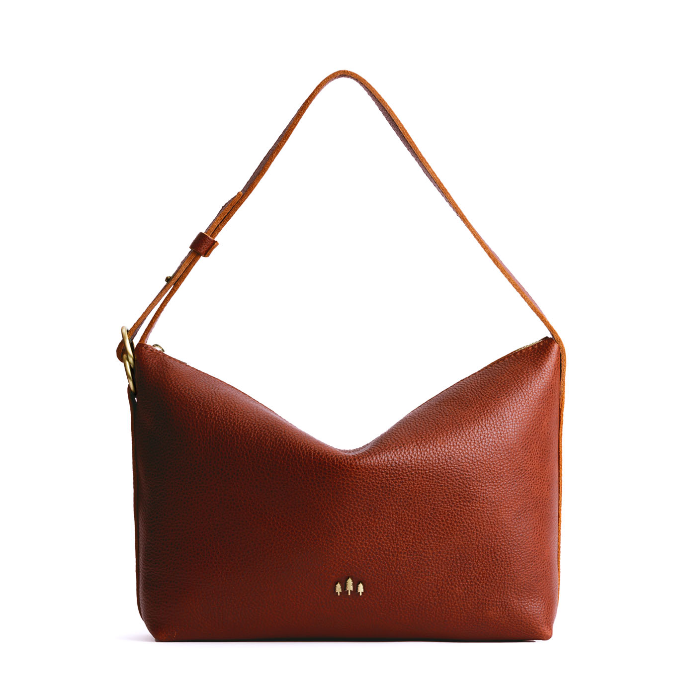 Nutmeg*Large | Medium sized slouchy leather shoulder bag with zipper opening and three metal tree emblems