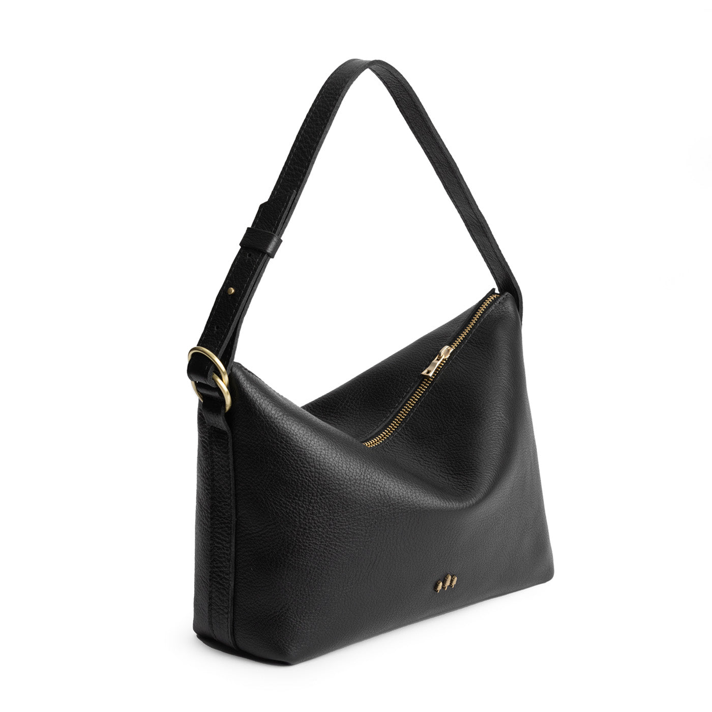 Pebbled--black*Large | Medium sized slouchy leather shoulder bag with zipper opening and three metal tree emblems