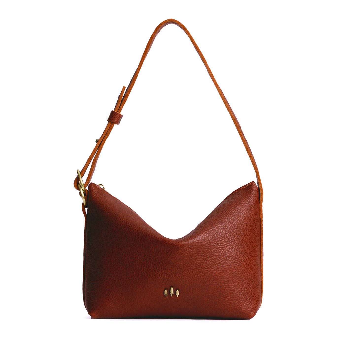 Nutmeg*Small | Petite slouchy leather shoulder bag with zipper opening and three metal tree emblems