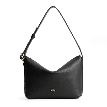 Pebbled--black*Large | Medium sized slouchy leather shoulder bag with zipper opening and three metal tree emblems