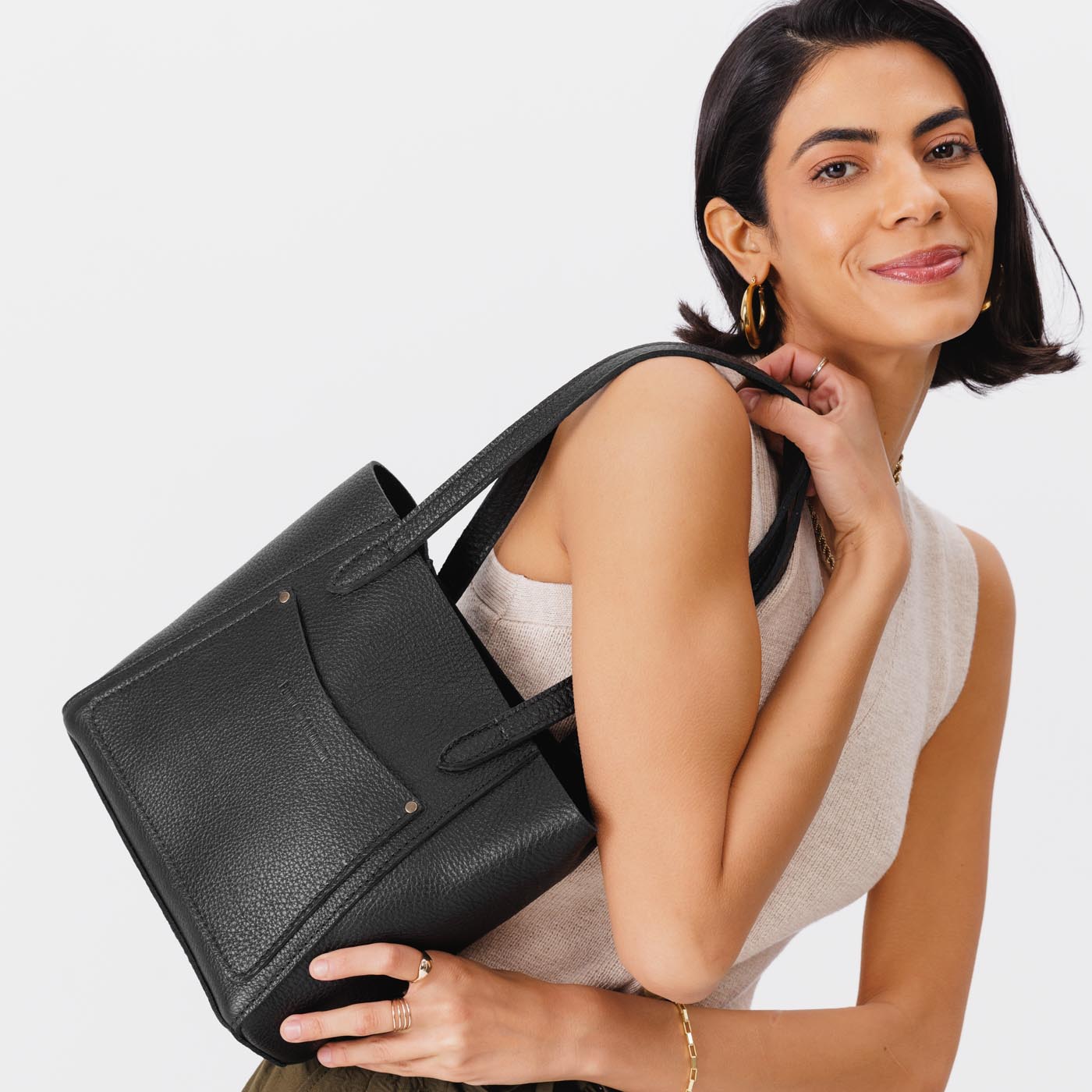 Pebbled--black*Small | Slim tote bag with dual shoulder straps and interior and exterior pockets