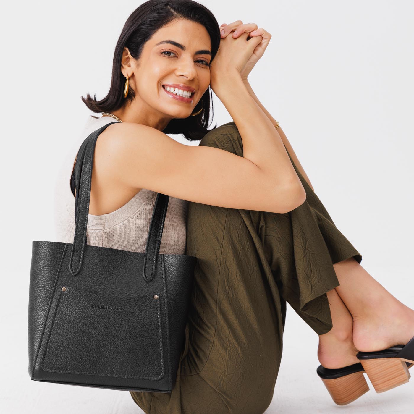 Pebbled--black*Small | Slim tote bag with dual shoulder straps and interior and exterior pockets