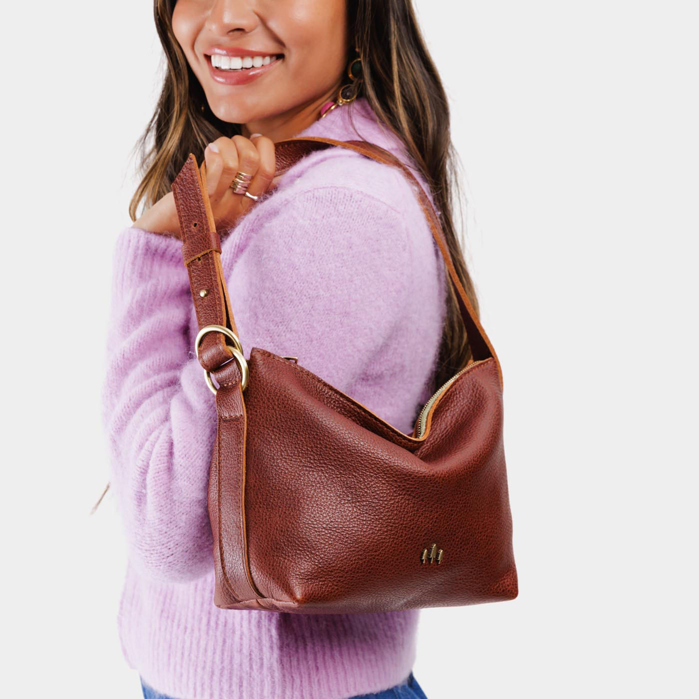 Nutmeg*Small | Petite slouchy leather shoulder bag with zipper opening and three metal tree emblems