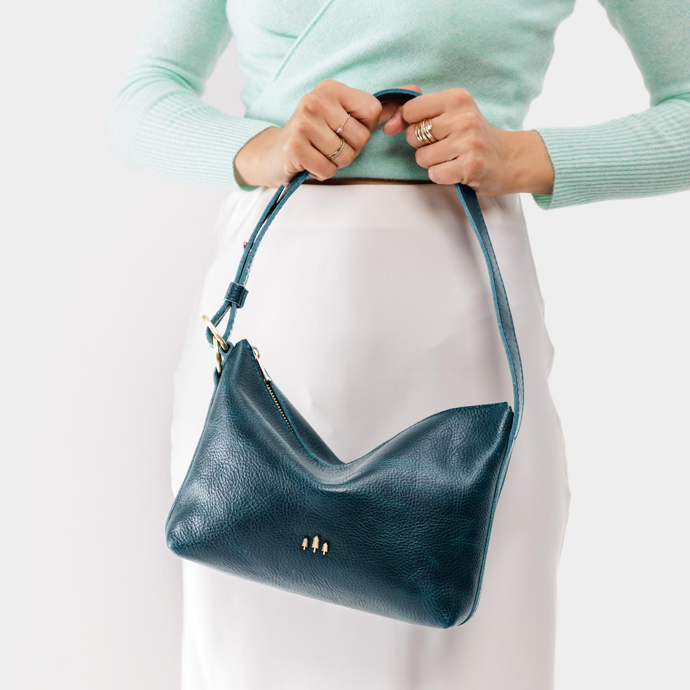 Lagoon*Small | Petite slouchy leather shoulder bag with zipper opening and three metal tree emblems