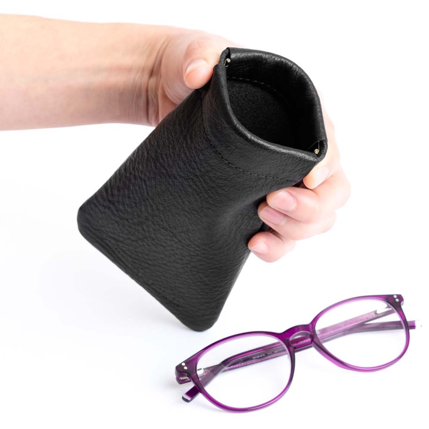 Pebbled--black | Leather glasses case with hidden metal spring closure