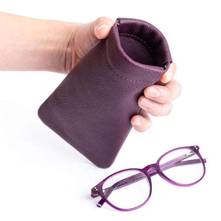 Plum | Leather glasses case with hidden metal spring closure