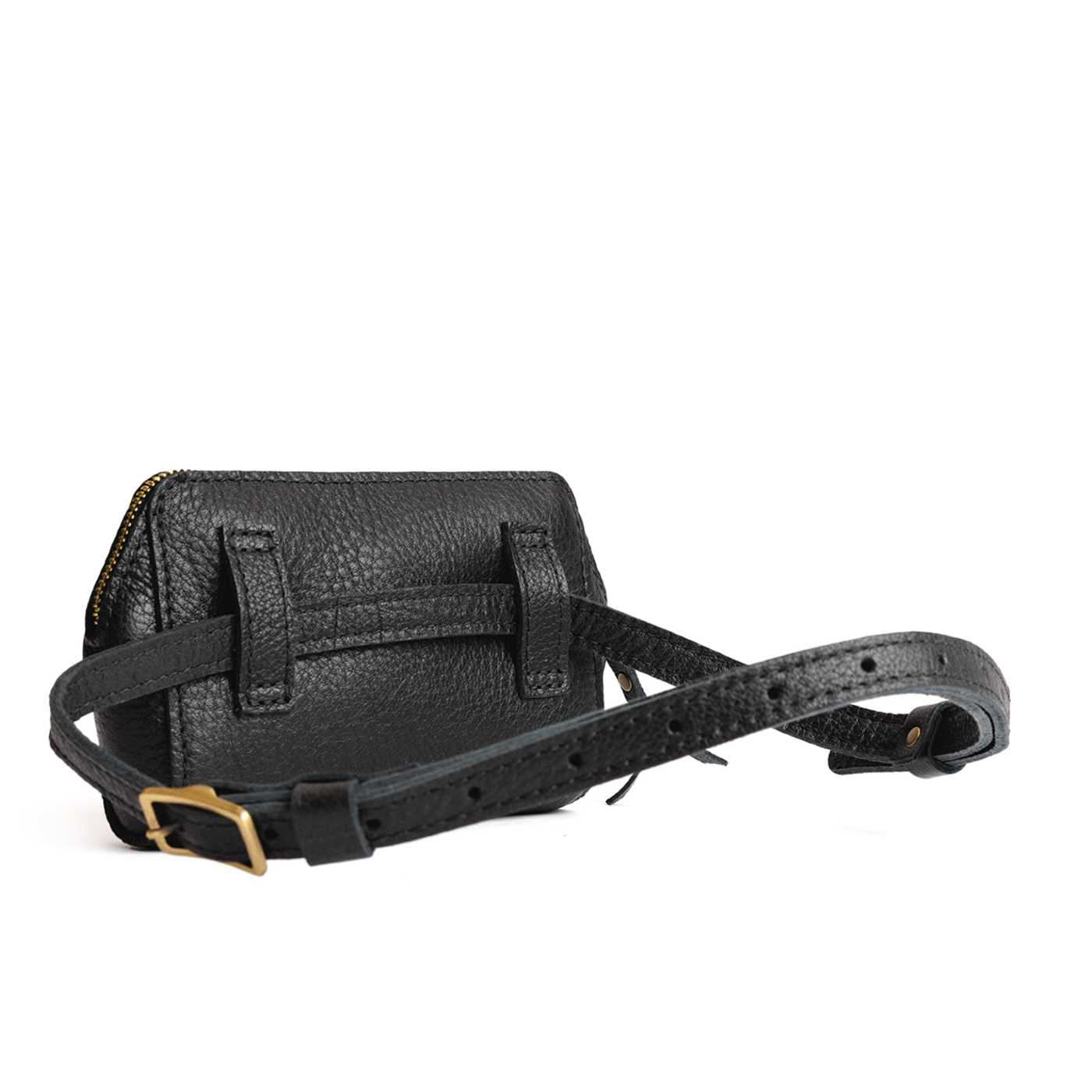  Pebbled--black | Back of petite bag with top zipper closure and adjustable belt strap