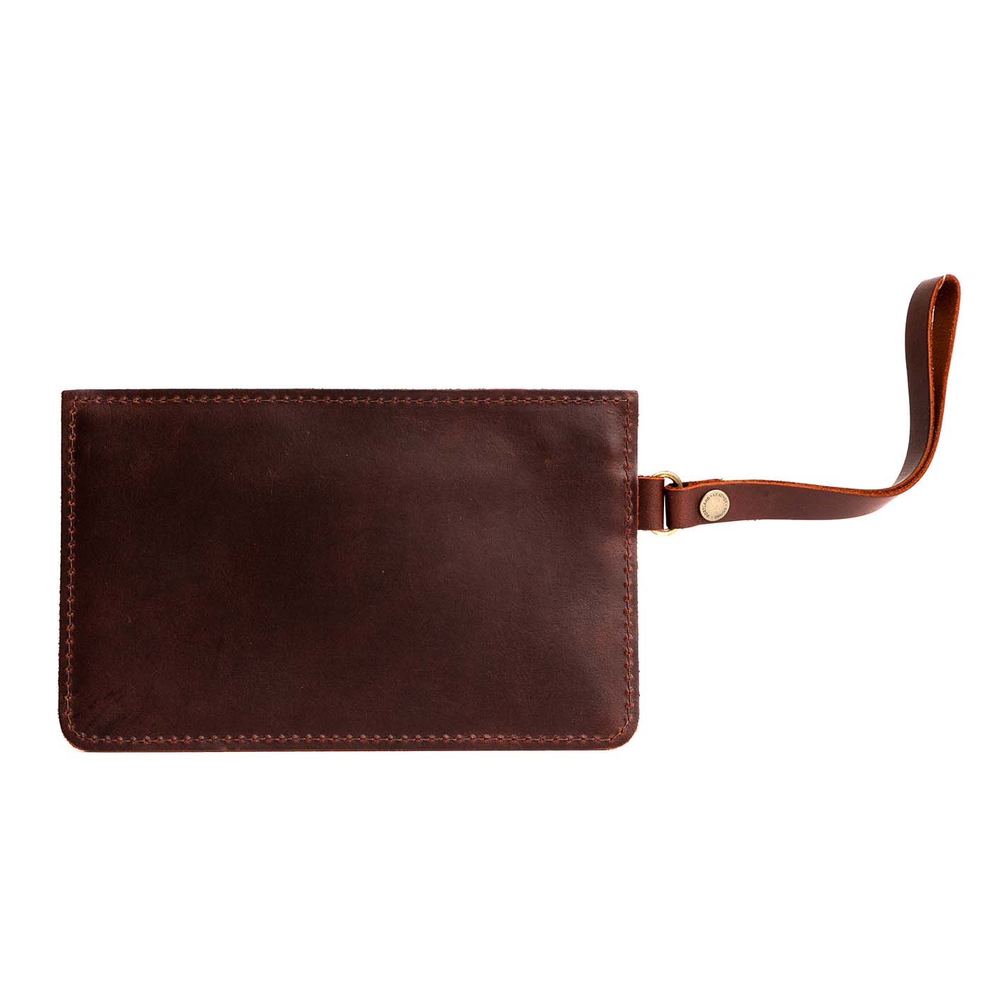 Cognac | Flat leather pouch with zipper and wristlet backside