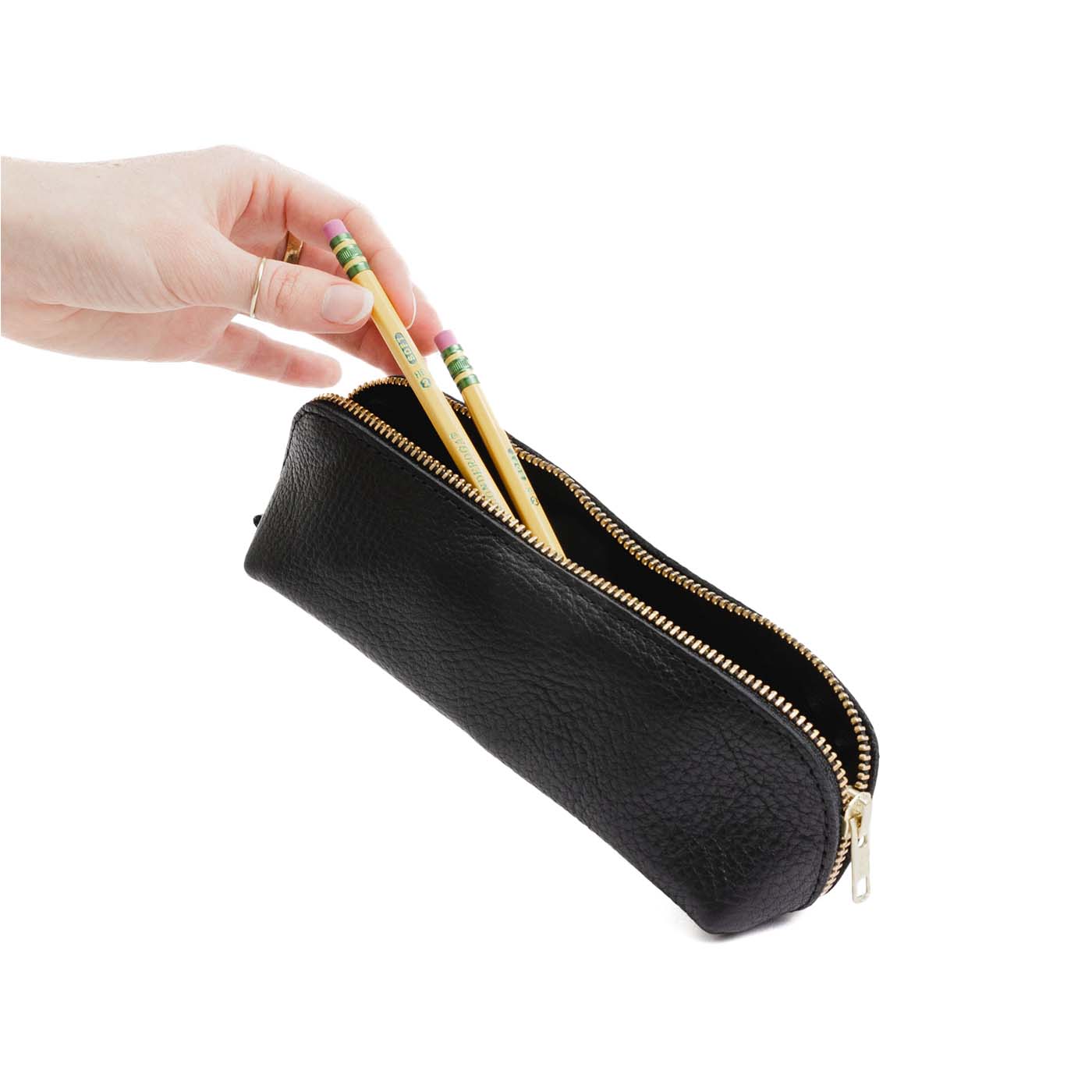 All Color: Pebbled--black | Leather pouch with curved seams and top zipper