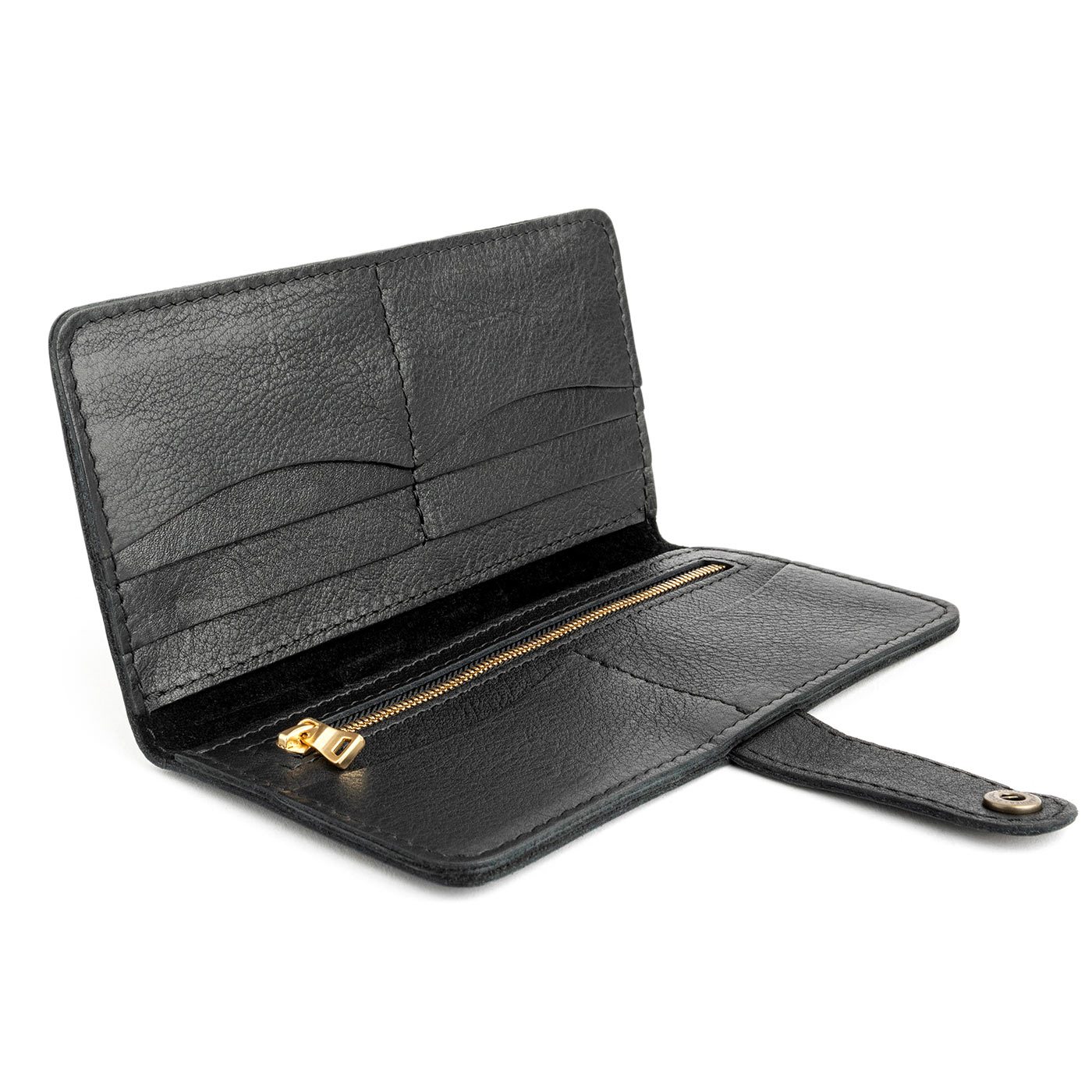 Pebbled--black | Leather wallet with snap open