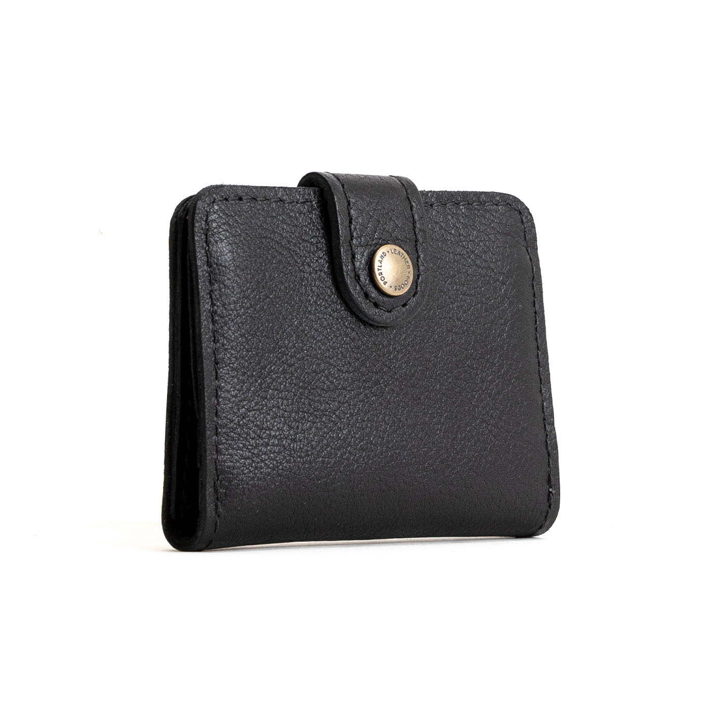 Pebbled--black | Small leather bifold wallet with snap closed