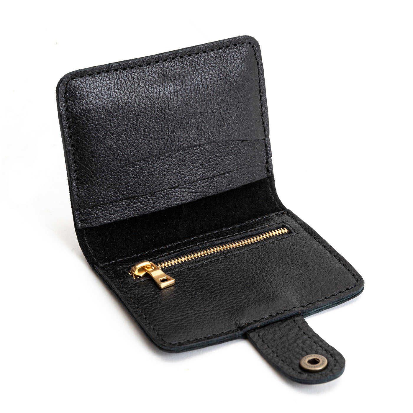 Pebbled--black | Small leather wallet with snap open